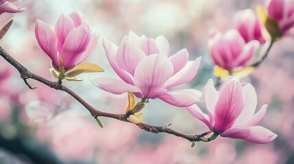 Obraz premium Pink magnolia floral branch in nature outdoors. Beautiful blossom scenery with delicate petals and vibrant colors. Perfect for spring and natural themes.
