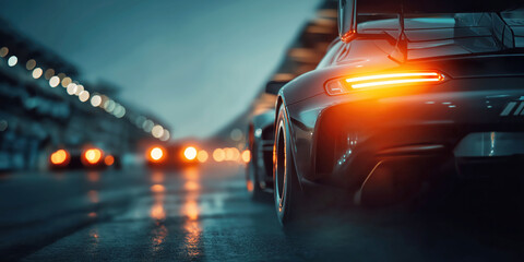 taillights of a black sports racing car on the track in a race closeup