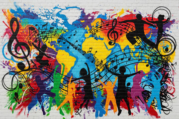 Vibrant street art mural with a world map backdrop, featuring intertwined dancing figures and musical notes, symbolizing the diverse fusion of global music.
