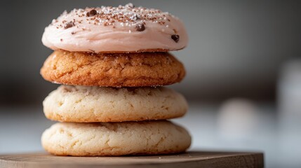 A tempting display of beautifully stacked cookies showcases a variety of colors and textures, highlighting their delicious appeal and inviting nature for dessert lovers.