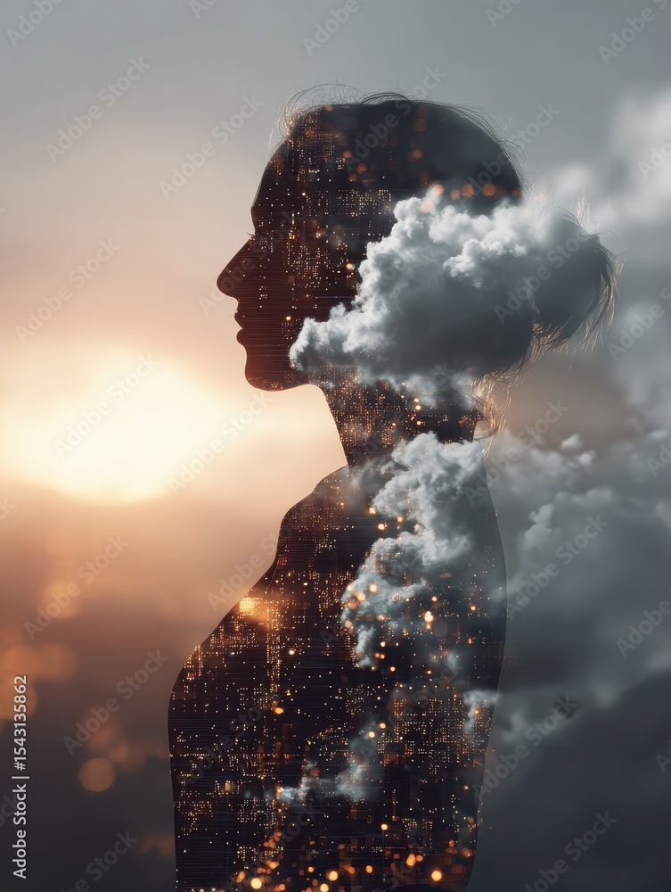 Poster digital transformation concept with silhouette of a person, cloud computing, and data visualization 