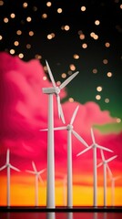 White Wind Turbines at Sunset with Pink and Green Sky
