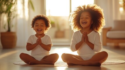 Two happy children sit cross-legged in a sunlit room, practicing meditation together, capturing the innocence and serenity of childhood while embracing mindfulness and connection.