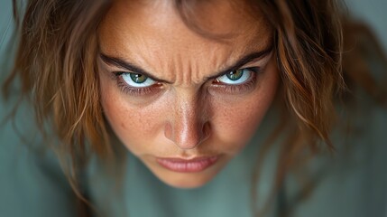 A close-up of a woman with an intense expression captures the raw emotions of determination and focus, emphasizing the depth of human feelings and engagement with life.
