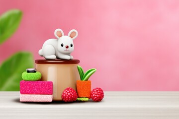 White Rabbit Figurine on a Tan Jar with Colorful Candies and Plants on a Pink Background