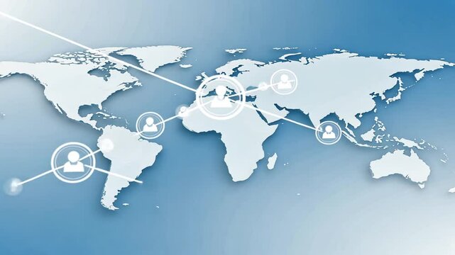 Global Network Connecting Points on a Light Blue and White World Map Depicting International Communication and Digital Connectivity