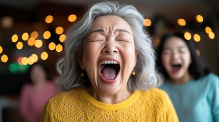 A jubilant elderly woman laughing heartily, with blurred lights in the background, capturing a moment of pure joy and shared happiness with friends and family during a celebration.