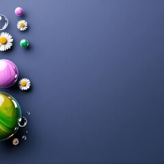 Abstract Colorful Spheres and Daisies on Blue Background