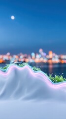 Abstract Data Streams Surging Over Cityscape at Night