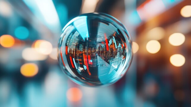 A transparent bubble captures a vibrant cityscape within, surrounded by an abstract blur of colors representing the bustling energy of urban life, evoking thoughts on perception and reality.