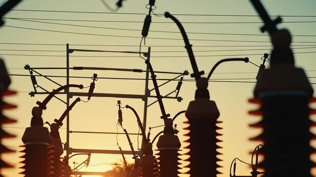 Power transformers transmit energy during sunset industrial complex.