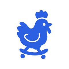 A stylized, cobalt blue chicken riding a skateboard