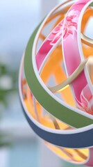 Abstract Pink and Green Sphere with Gold Accents and Floral Pattern