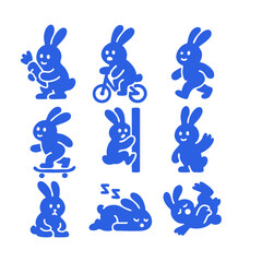Fototapeta premium Cute blue rabbit icons in various activities