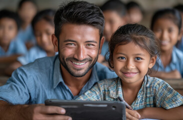 Fototapeta premium close up of indian teacher helping to students