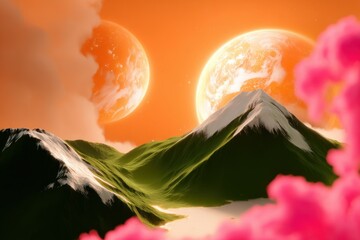 Alien Planet Vista: Orange Sunset over Green and Snowy Mountains