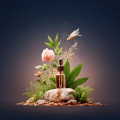 Amber Glass Bottle of Essential Oil Amidst Blooming Flowers and Rocks