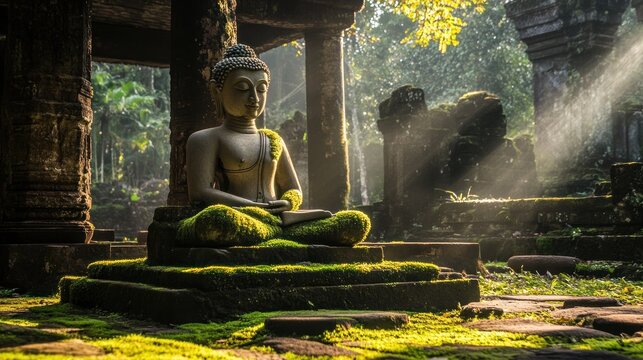 Ancient Buddha statue bathed in sunlight, lush moss-covered ruins - Powered by Adobe
