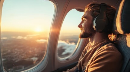 A thoughtful man wearing headphones gazes out the airplane window at a breathtaking sunset, experiencing tranquility and contemplation as he travels to new destinations.
