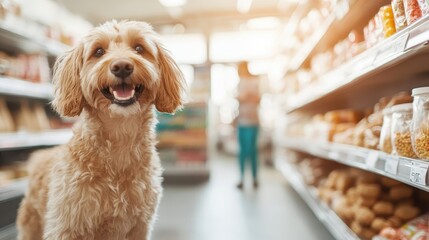 A joyful dog smiles in a pet-friendly grocery store, embodying the essence of happiness and companionship, creating a delightful atmosphere for pets and their owners alike.