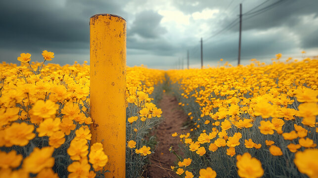 Lone yellow pole surrounded by vibrant yellow canola blossoms with bright sky above.