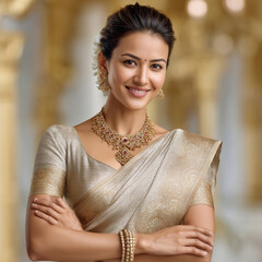 young indian woman wearing traditional sari and jewelery