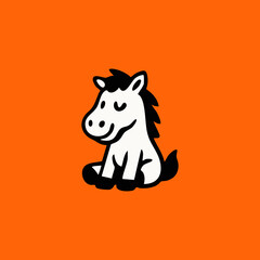Simple black outline drawing of a small, seated, white horse on an orange background
