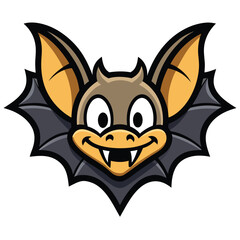 Smiling cartoon bat with big ears and two little teeth appears friendly