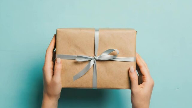 Hands holding kraft paper package with metallic ribbon.
