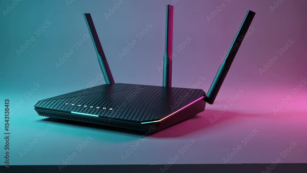 Poster wireless router with antennas on lit surface in blue and pink lighting cyberpunk style communication