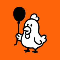 Simple cartoon chicken holding a black balloon on an orange background