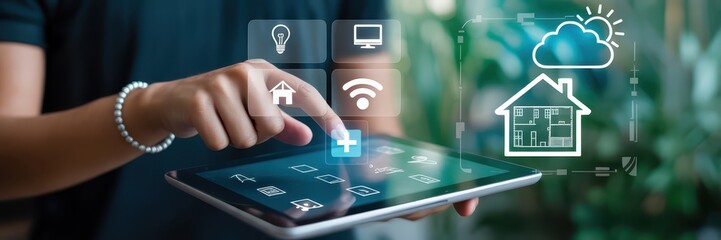 A person interacts with a tablet displaying smart home controls.