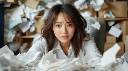 A woman looks overwhelmed amidst a chaotic scene of scattered papers and boxes, encapsulating the stress of modern life and the need for organization and clarity.