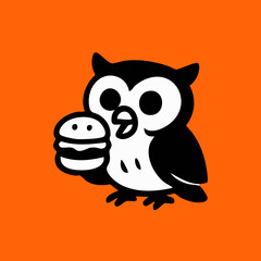 Cute owl holding a hamburger on an orange background