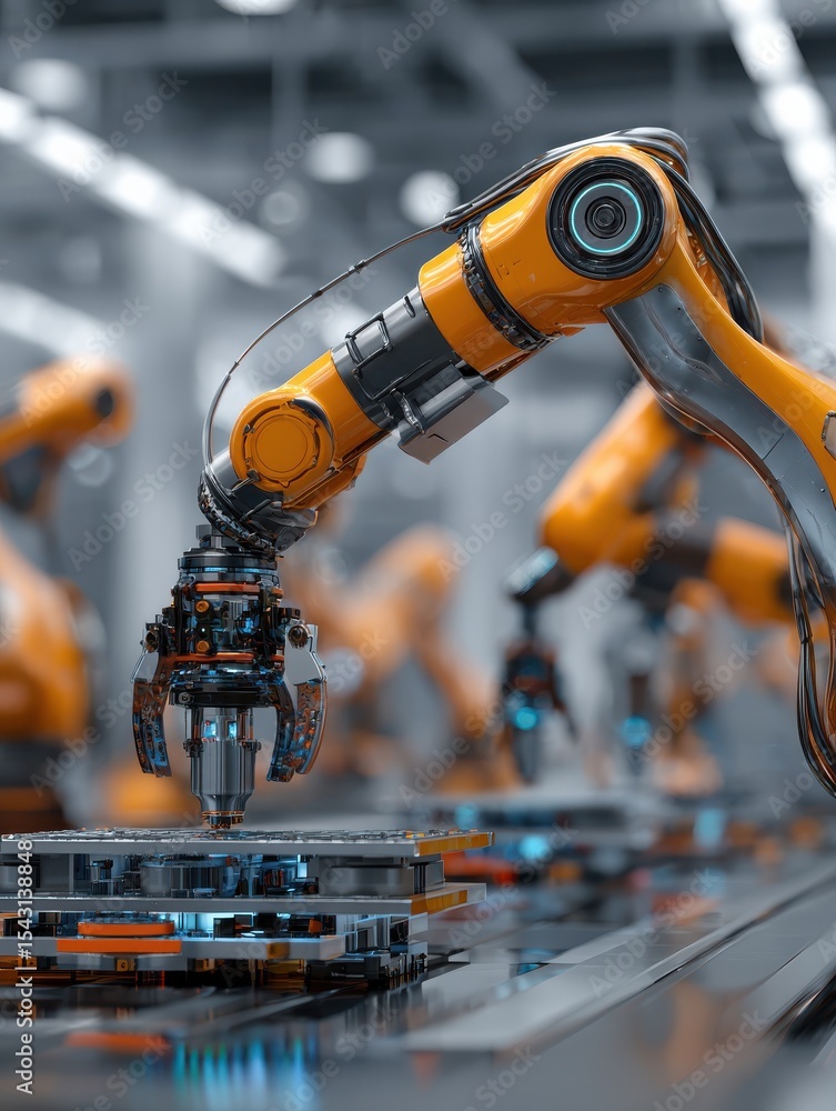 Poster robotic arm performing 3d metal printing in a futuristic workshop, high-tech workshop with robotic a