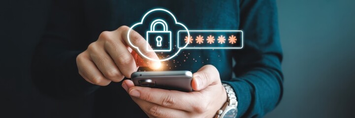 Person using a smartphone with a cloud security lock icon.