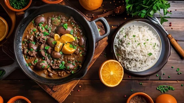 Hearty Italian-Brazilian feijoada stew with black beans, pork, sausage, vegetables in a cast iron pot, served with rice, farofa and orange slices