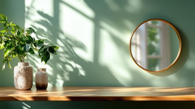 A chic arrangement of potted plants on a well-lit minimalist shelf, emphasizing harmony between nature and design, perfect for interior decoration ideas and showcasing aesthetics.