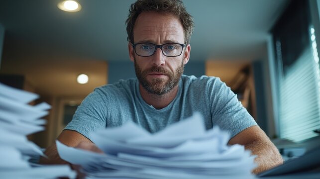 This image captures a serious man with glasses, surrounded by stacks of paperwork, highlighting themes of productivity, focus, and the challenges of modern work life.
