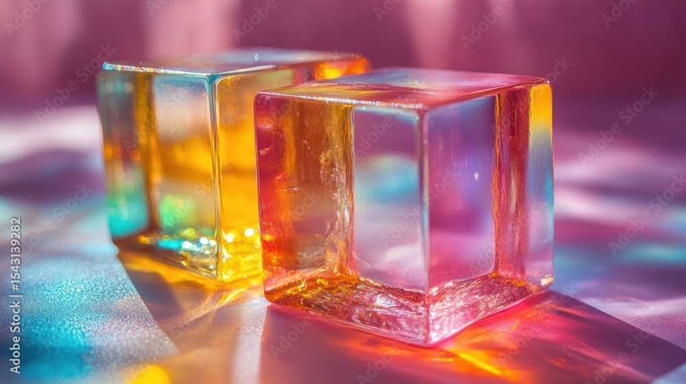 Poster luminous prism blocks sparkling on satin surface iridescent colors reflecting light in abstract comp