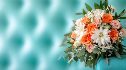 A stunning bouquet featuring orange roses and white daisies rests elegantly against a turquoise background, symbolizing beauty and freshness in floral arrangements and decor.