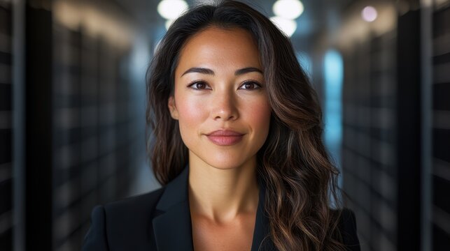 A professional woman exudes confidence and approachability in a tailored suit, set against a backdrop of softly blurred shelves, conveying empowerment and leadership in her field.