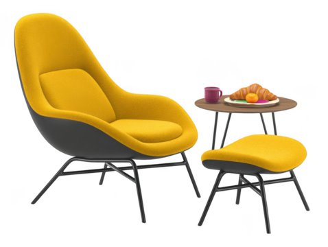 Modern yellow armchair with side table and ottoman isolated on transparent background