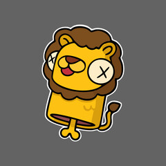 Cartoon lion with crossed-out eyes, yellow body, brown mane
