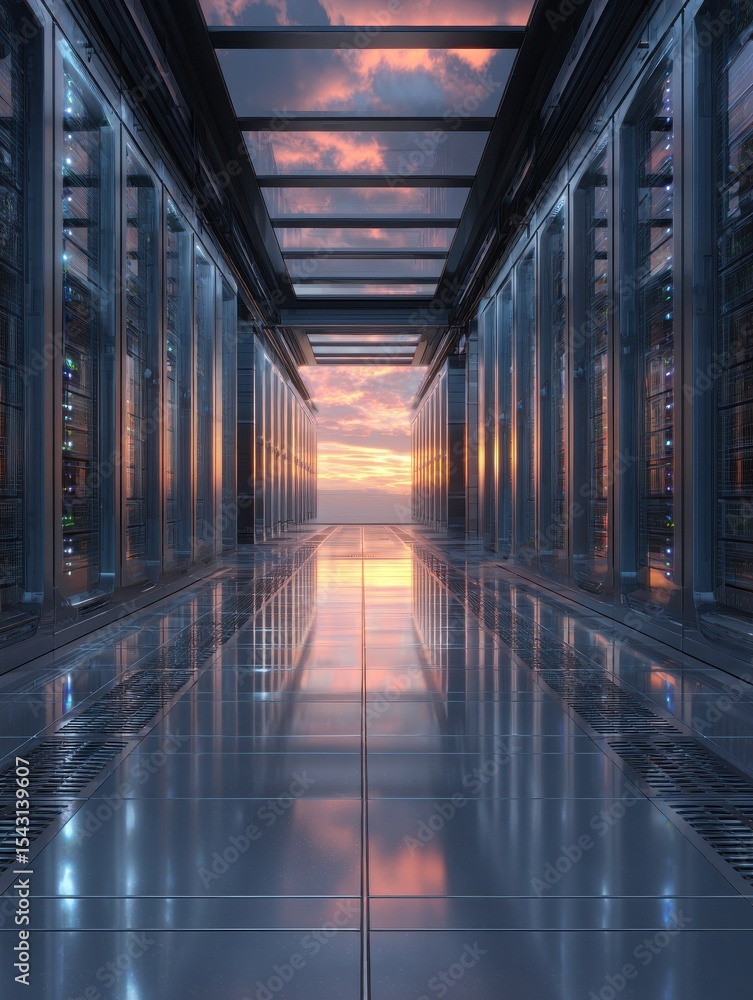 Poster advanced high-tech data center with futuristic architecture and industrial security at dusk