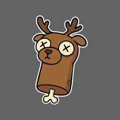 Cartoon deer head, brown body, white outline, with crossed eyes, on grey background