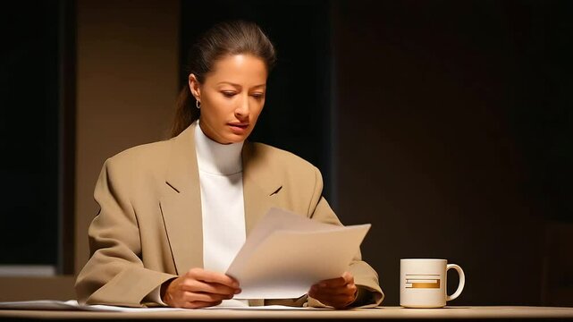 Lawyer reviewing plea deal with focused attention and coffee mug