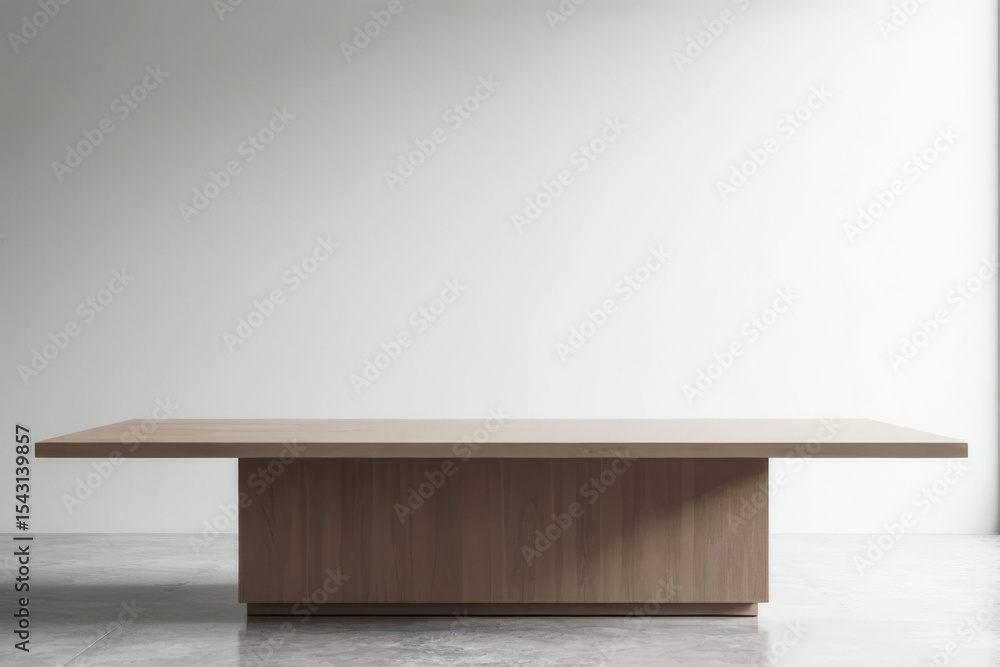 Poster a wooden table with a white background. the table is empty and has a simple design