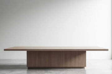 A wooden table with a white background. The table is empty and has a simple design