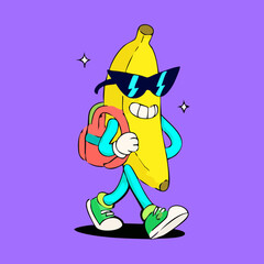 Cartoon banana wearing sunglasses and carrying a backpack, walking